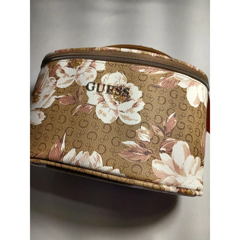 Guess Top Handle Bag Womens Small Brown Floral Logo Zip Cosmetic Case Travel